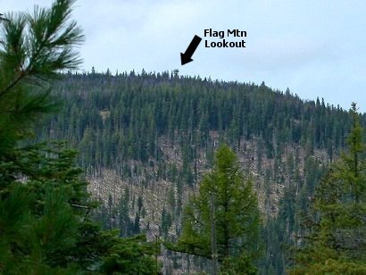 A glimpse of Flag Mountain Lookout from the Gordon Butte trail